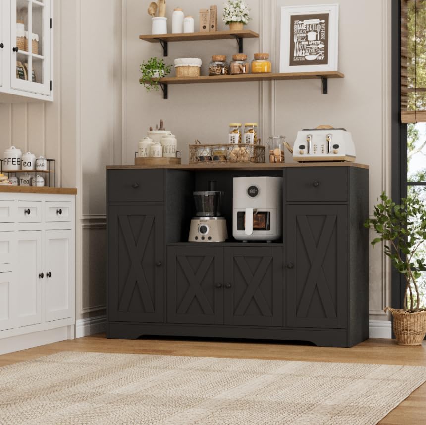 HOSTACK Microwave Cabinet with Charging Station, 47" W Kitchen Storage Cabinet with Microwave Stand, Modern Farmhouse Buffet Sideboard with Drawers and Shelves for Kitchen, Dining Room, White