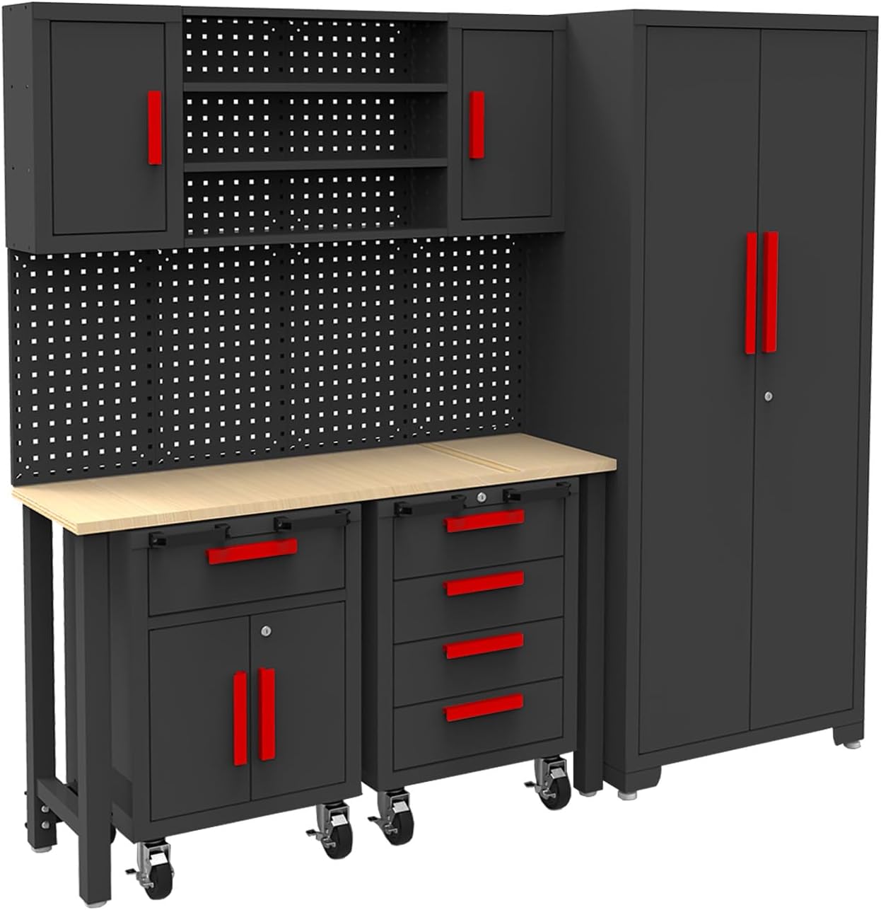 Torin Garage Storage Cabinets System, 8-Pcs Workshop Cabinet Set in Black, Included Steel Cabinets Drawers Rolling Chest and Pegboard,Locked Garage Storage Cabinet