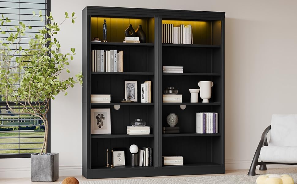83" Tall Wood Bookcase Suite with Light Strip,5 Tier Home Decor Bookcase Suite with Adjustable Shelves,Storage Organizer,Free Standing Storage Shelves Suite for Living Room,Home Office,Black