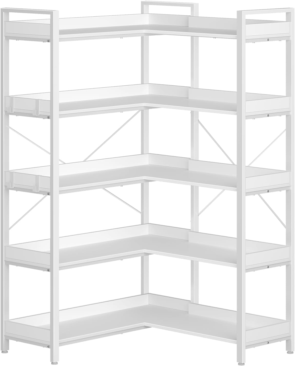 Rolanstar Bookshelf 5 Tier with 4 Hooks, Reversible Corner Bookshelf, 65" Industrial Wooden Bookcase with Open Shelves and Metal Frame for Living Room, Bedroom, Home Office, Rustic Brown
