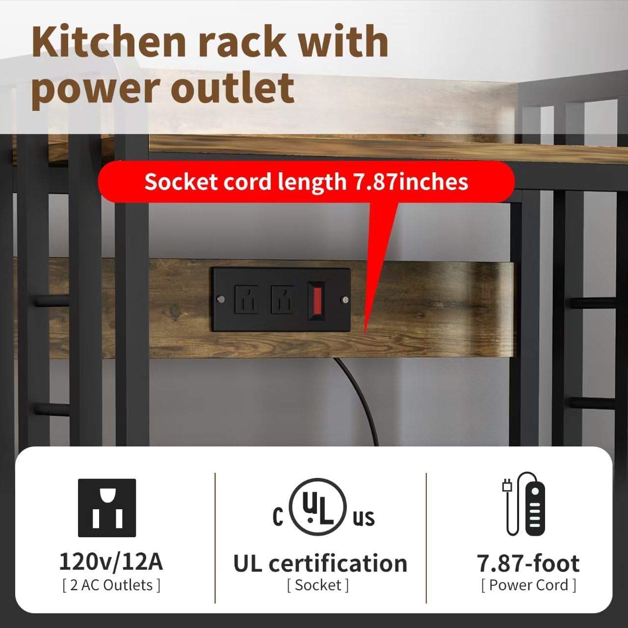 Bakers Rack with Power Outlet ，4-Tier Kitchen Baker's Rack,Microwave Stand with Storage Suitable for Kitchen, Living Room, Dinning Room，Coffee Bar(Rustic Brown)