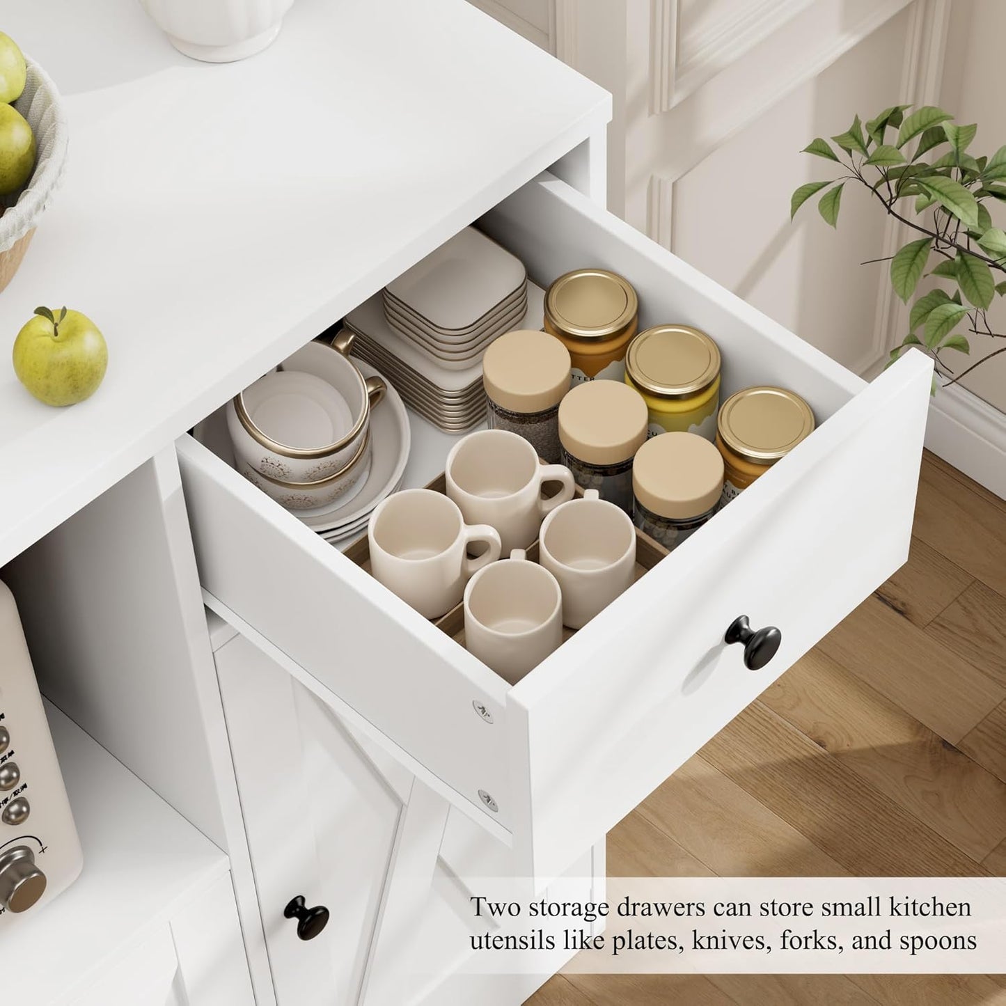 HOSTACK Microwave Cabinet with Charging Station, 47" W Kitchen Storage Cabinet with Microwave Stand, Modern Farmhouse Buffet Sideboard with Drawers and Shelves for Kitchen, Dining Room, White