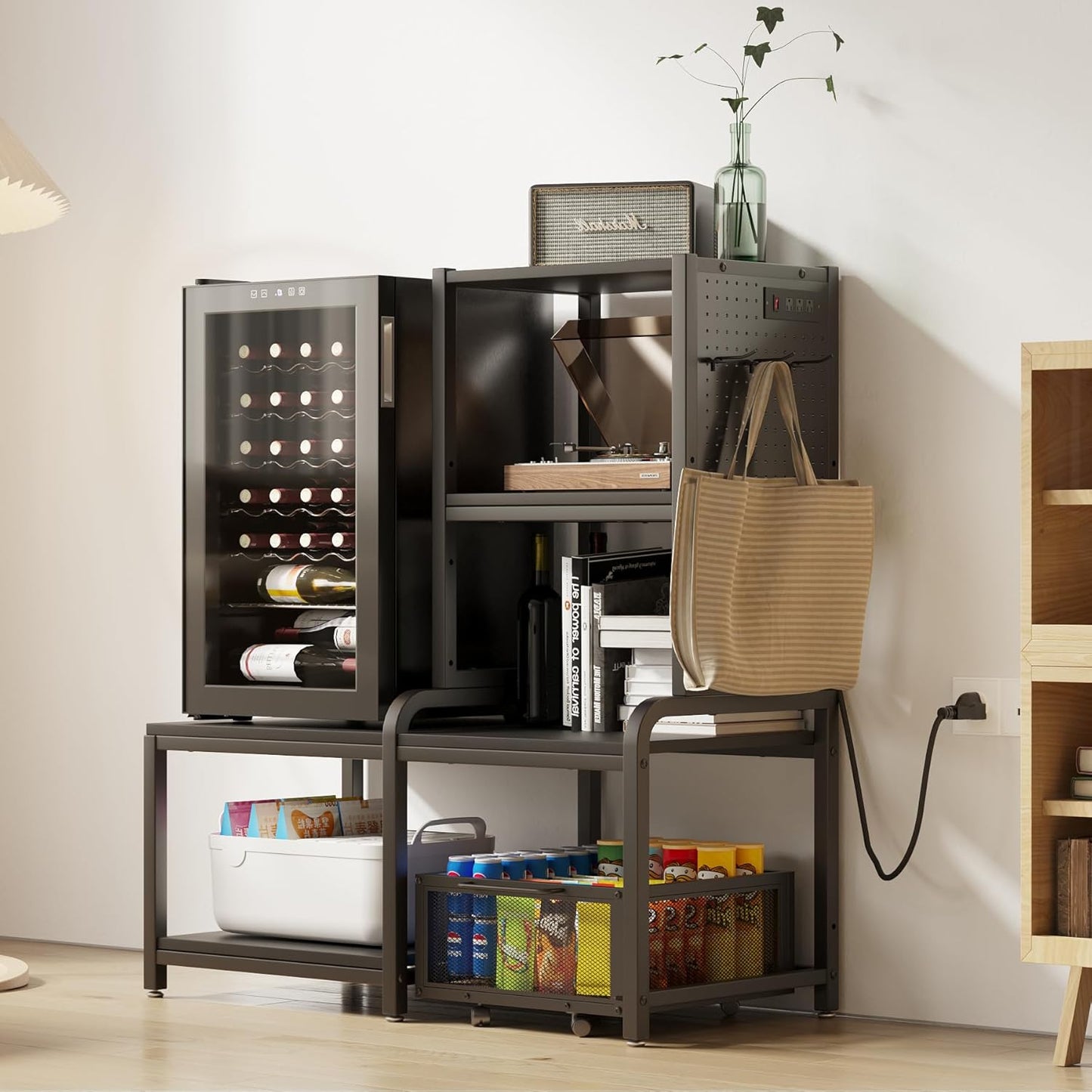 Mini Fridge Stand with Storage,Mini Fridge Cabinet,Bakers Rack with Power Outlet ,Coffee Bar Cabinet,Microwave Oven Stand Rack with Large Capacity Basket for Dorm Home Office(Black Wood Grain)