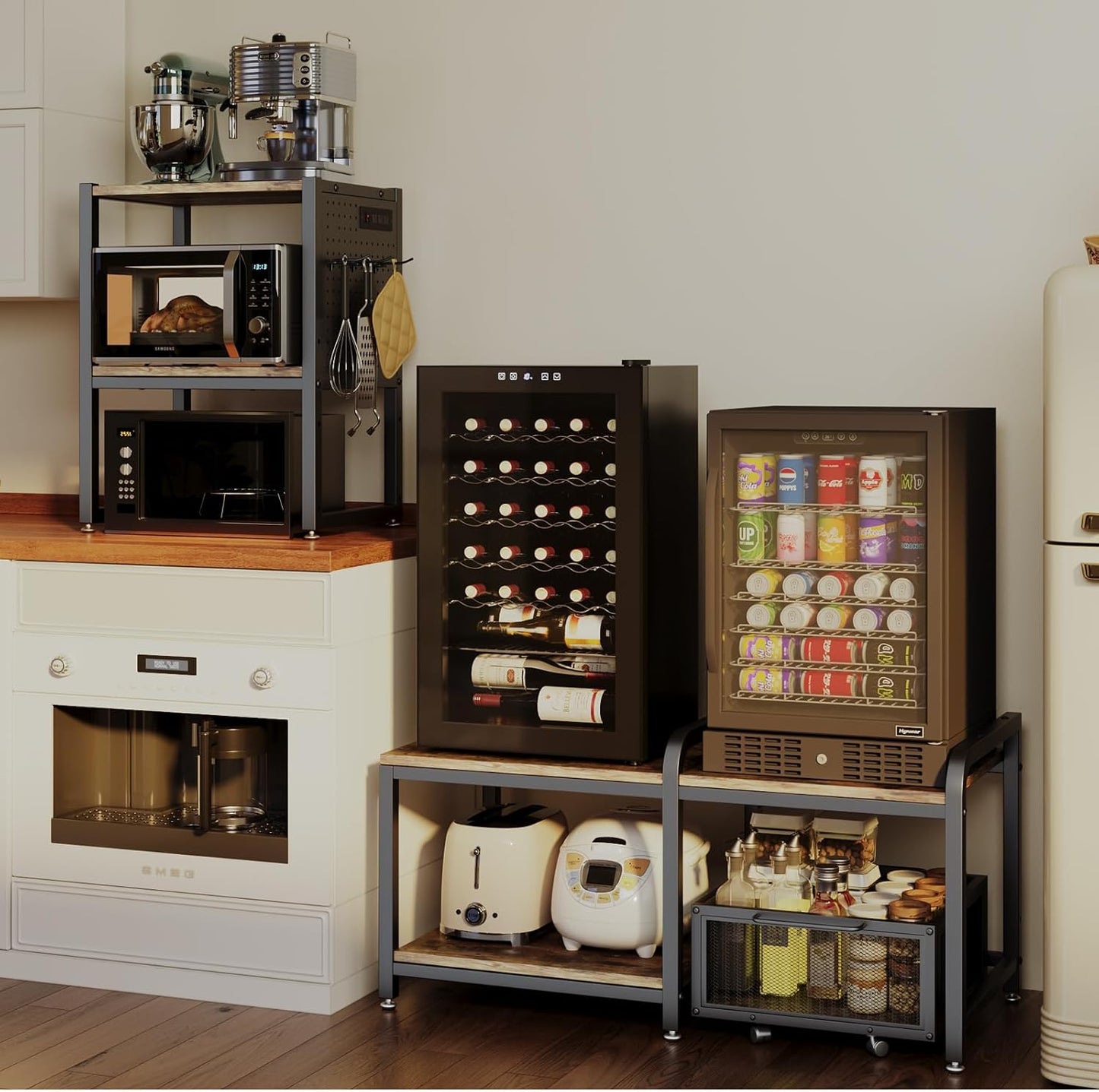 Mini Fridge Stand with Storage,Mini Fridge Cabinet,Bakers Rack with Power Outlet ,Coffee Bar Cabinet,Microwave Oven Stand Rack with Large Capacity Basket for Dorm Home Office(Black Wood Grain)