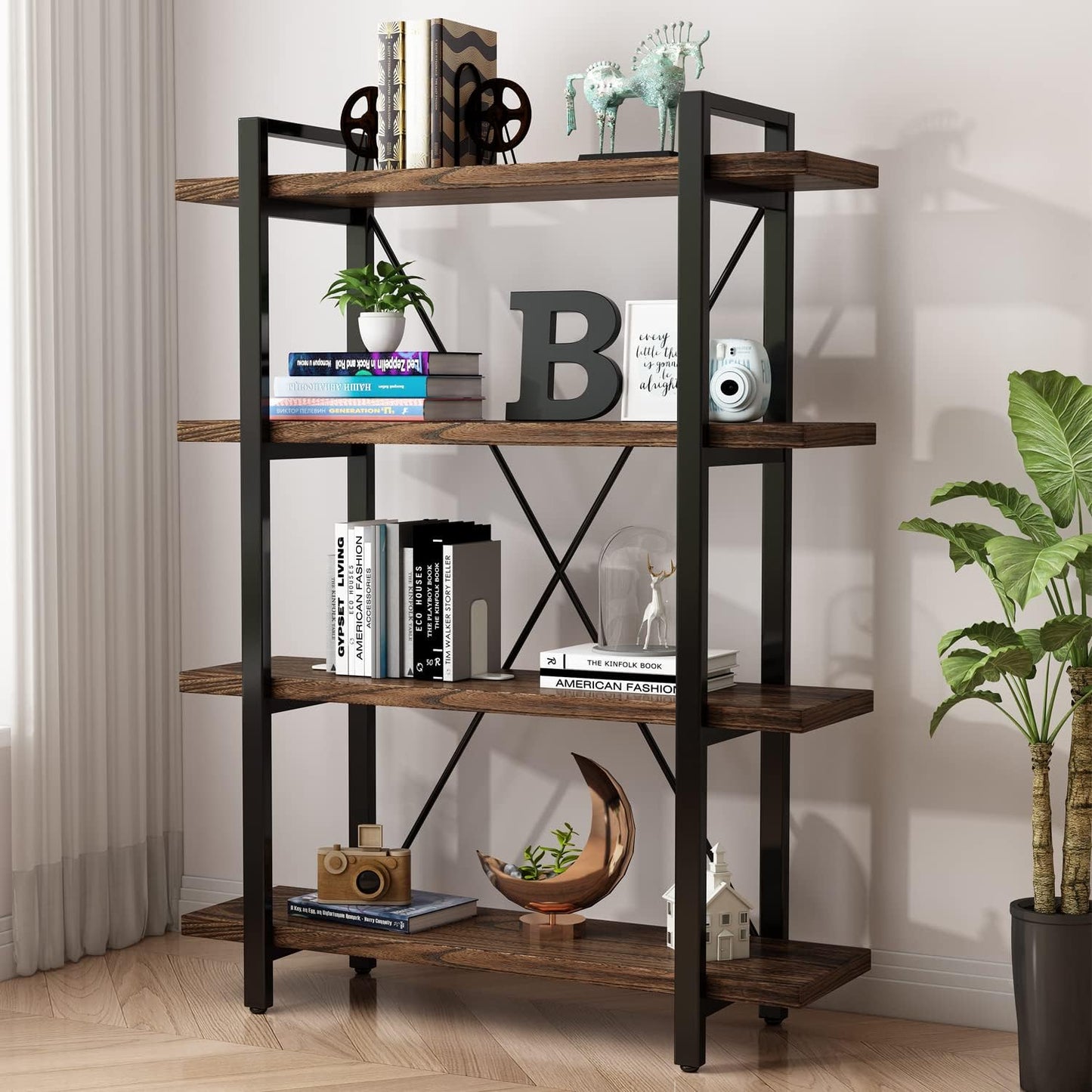 Solid Wood Bookcase and Book Shelves Wood and Metal Shelving Unit 6 Tier Bookshelf Modern Rustic Open Bookshelf Office,Distressed Brown (AY-02-6Tier)