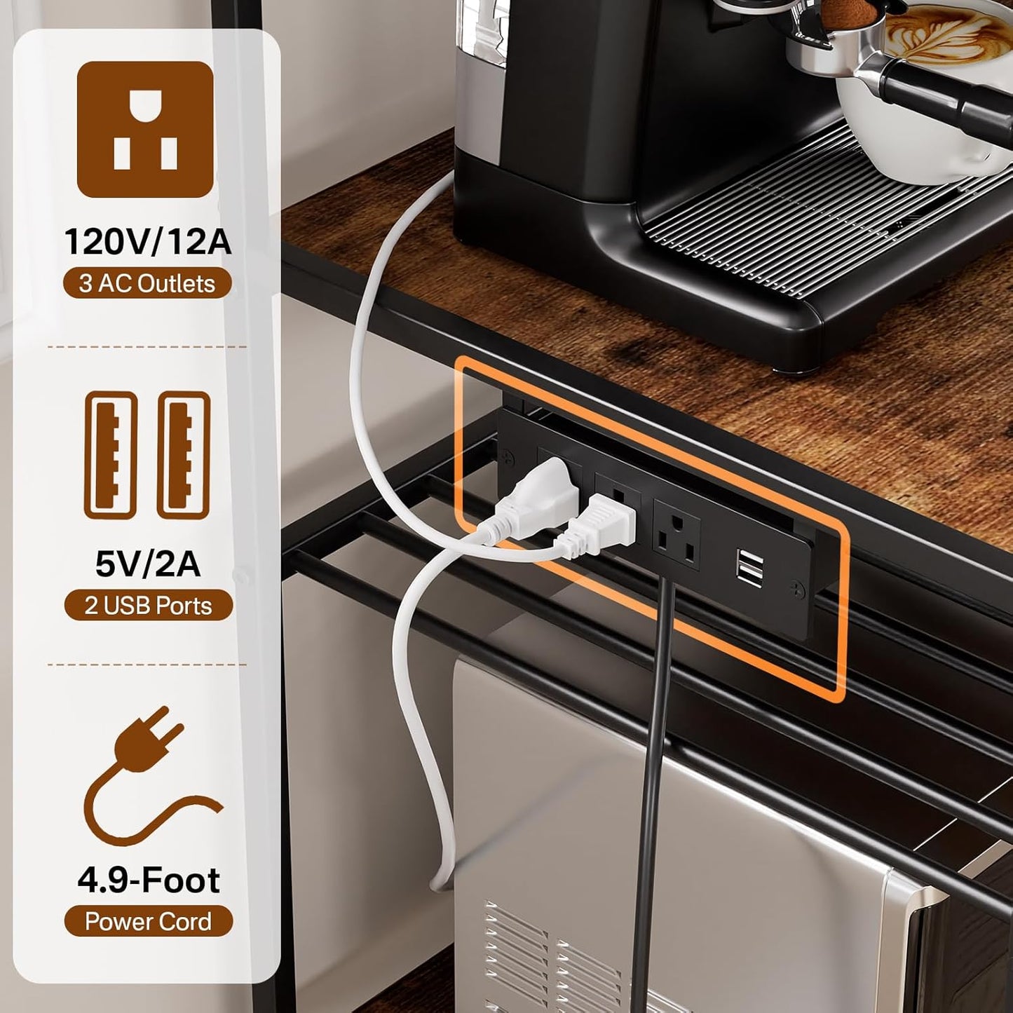 Portin Stand for Mini Fridge and Microwave Coffee Maker - Large Storage Capacity, with Power Outlet and S-Hooks, Kitchen Bakers Rack, Microwave Oven Stand, Coffee Bar(Woodgrain)
