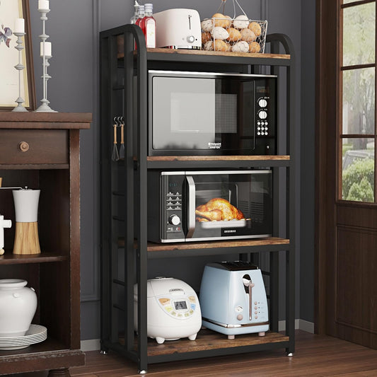Microwave Oven Stand with Storage 4 Tiers, Free Standing Microwave Oven Stand Coffee Bar Adjustable Kitchen Shelves Kitchen Storage Shelf Rack for Spices, Pots(Brown)