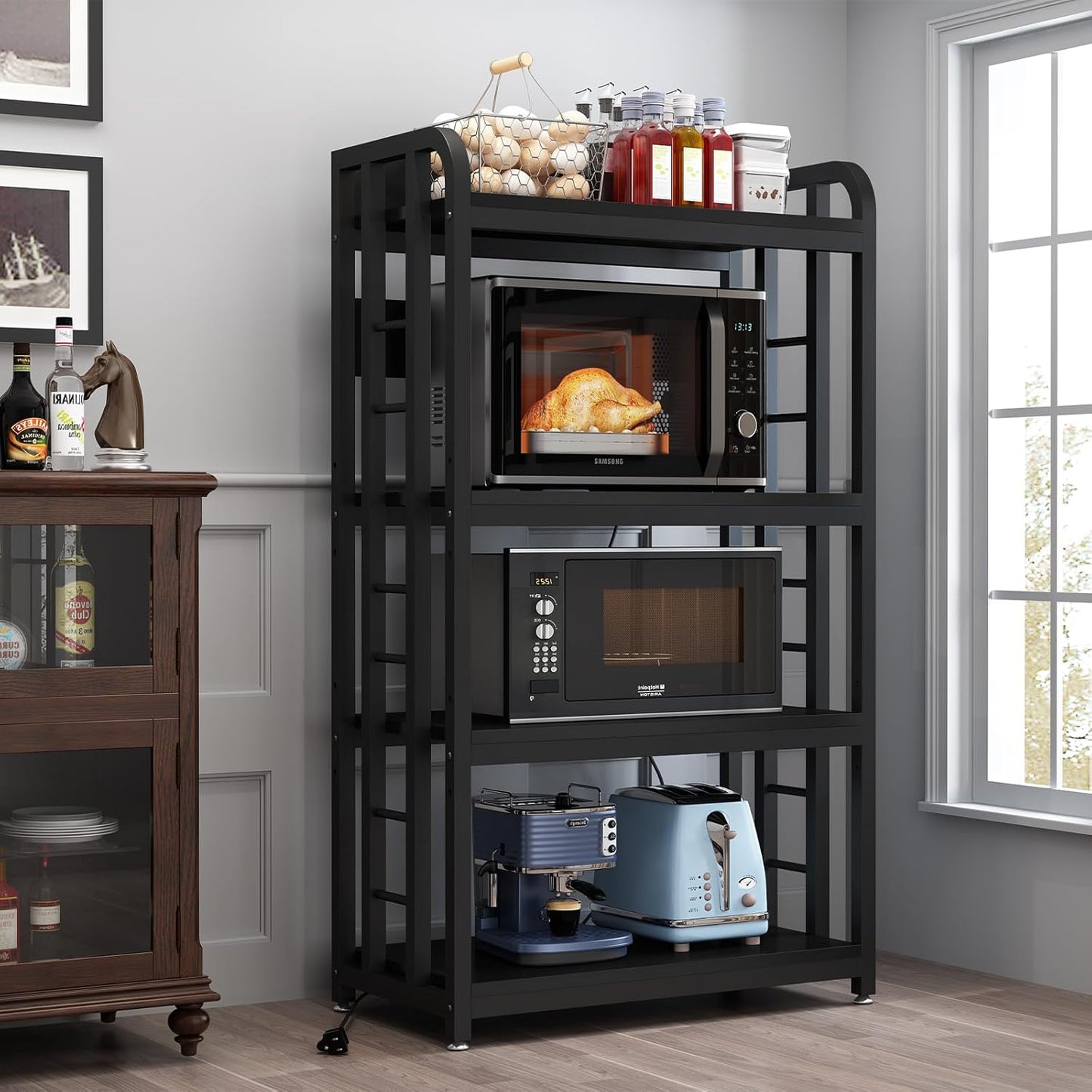 Bakers Rack with Power Outlet ，4-Tier Kitchen Baker's Rack,Microwave Stand with Storage Suitable for Kitchen, Living Room, Dinning Room，Coffee Bar(Rustic Brown)