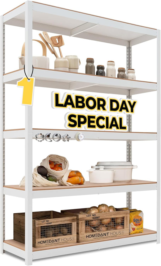HOMEDANT House White 48" Wide Boltless Heavy Duty Garage Storage Shelving Adjustable 5-Tier Metal Shelves Laminated Organization Shelf Industrial Utility Rack Pantry Shed Office Store 1Pack