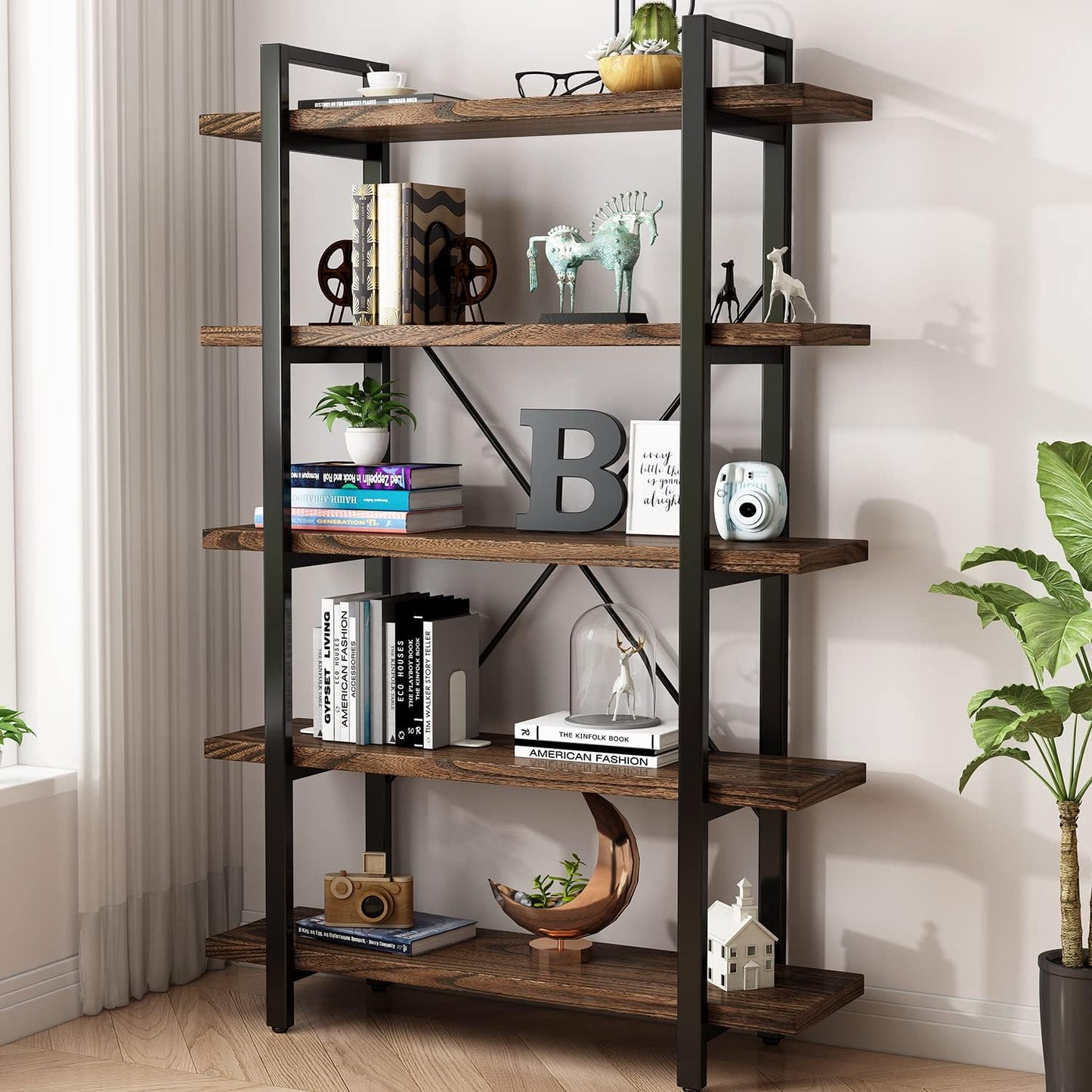 Solid Wood Bookcase and Book Shelves Wood and Metal Shelving Unit 6 Tier Bookshelf Modern Rustic Open Bookshelf Office,Distressed Brown (AY-02-6Tier)