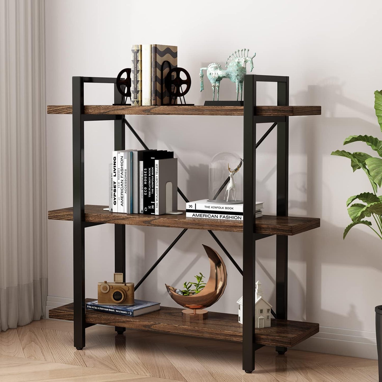 Solid Wood Bookcase and Book Shelves Wood and Metal Shelving Unit 6 Tier Bookshelf Modern Rustic Open Bookshelf Office,Distressed Brown (AY-02-6Tier)