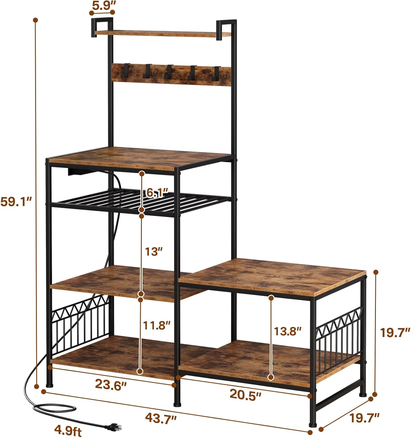 Portin Stand for Mini Fridge and Microwave Coffee Maker - Large Storage Capacity, with Power Outlet and S-Hooks, Kitchen Bakers Rack, Microwave Oven Stand, Coffee Bar(Woodgrain)