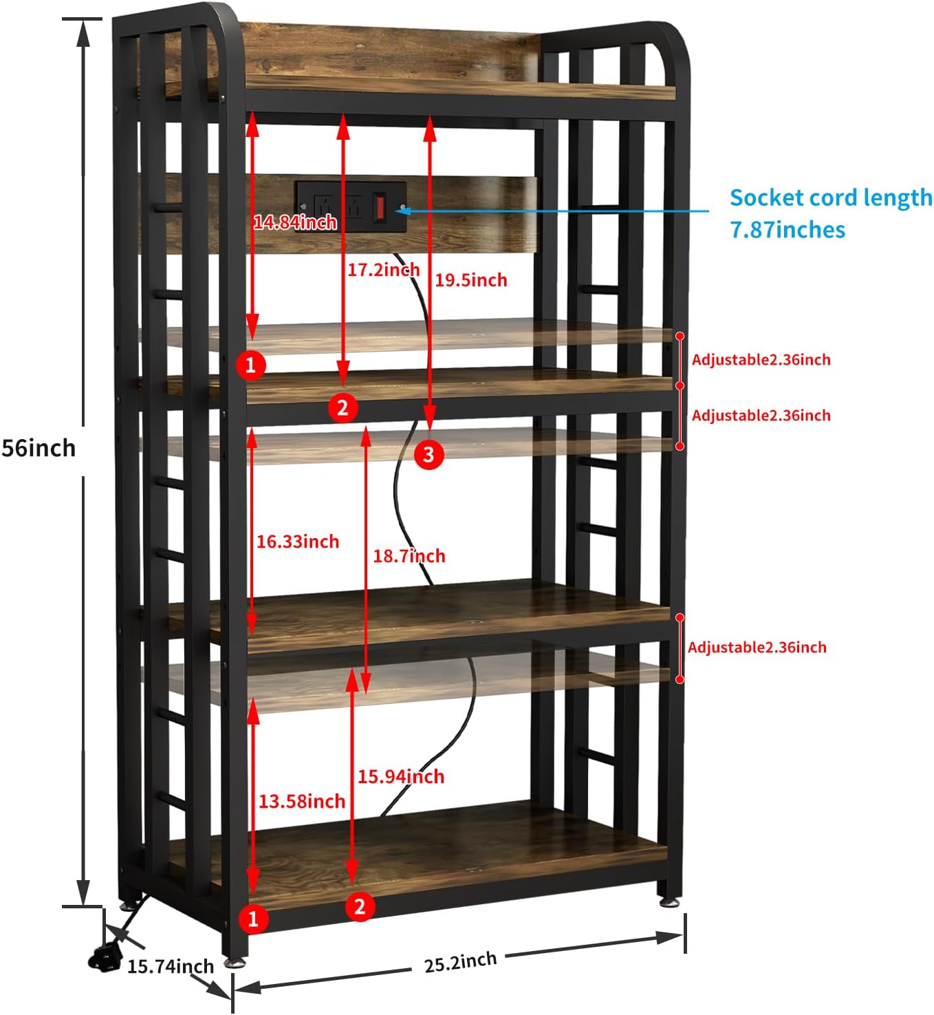 Bakers Rack with Power Outlet ，4-Tier Kitchen Baker's Rack,Microwave Stand with Storage Suitable for Kitchen, Living Room, Dinning Room，Coffee Bar(Rustic Brown)