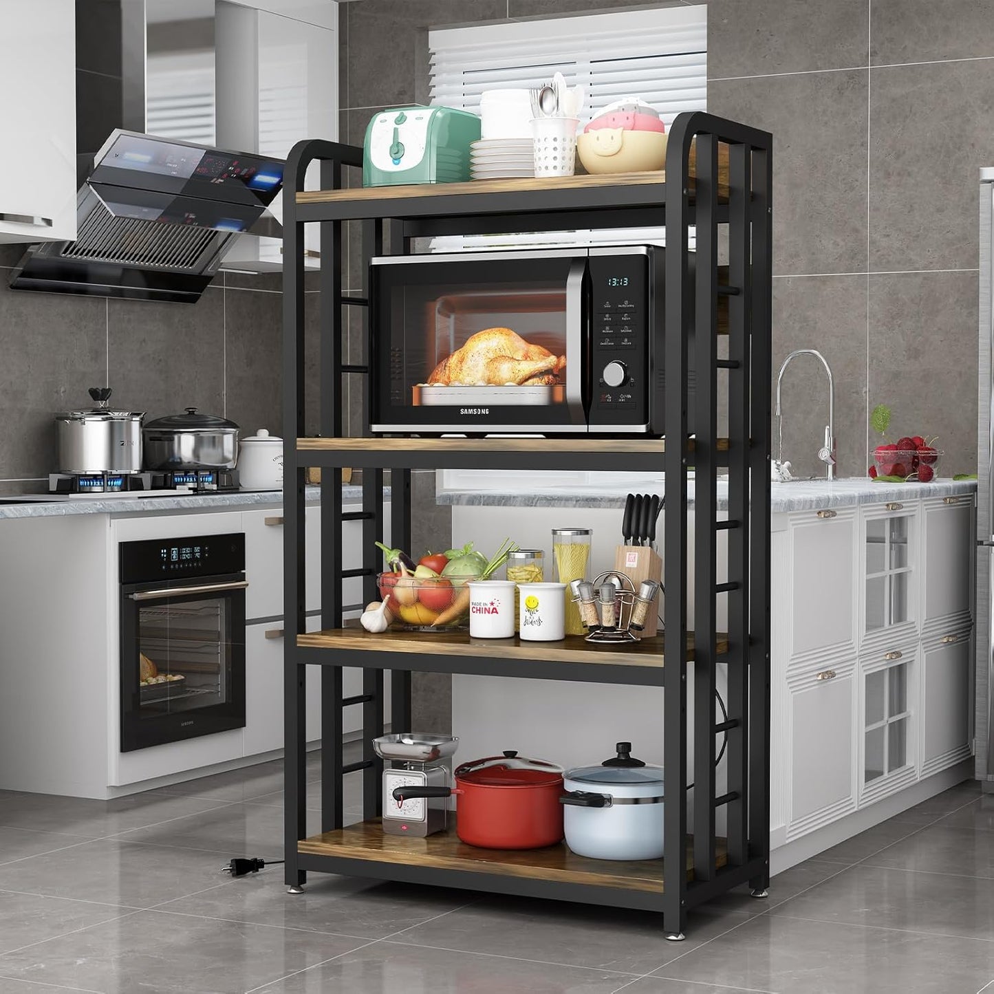 Bakers Rack with Power Outlet ，4-Tier Kitchen Baker's Rack,Microwave Stand with Storage Suitable for Kitchen, Living Room, Dinning Room，Coffee Bar(Rustic Brown)