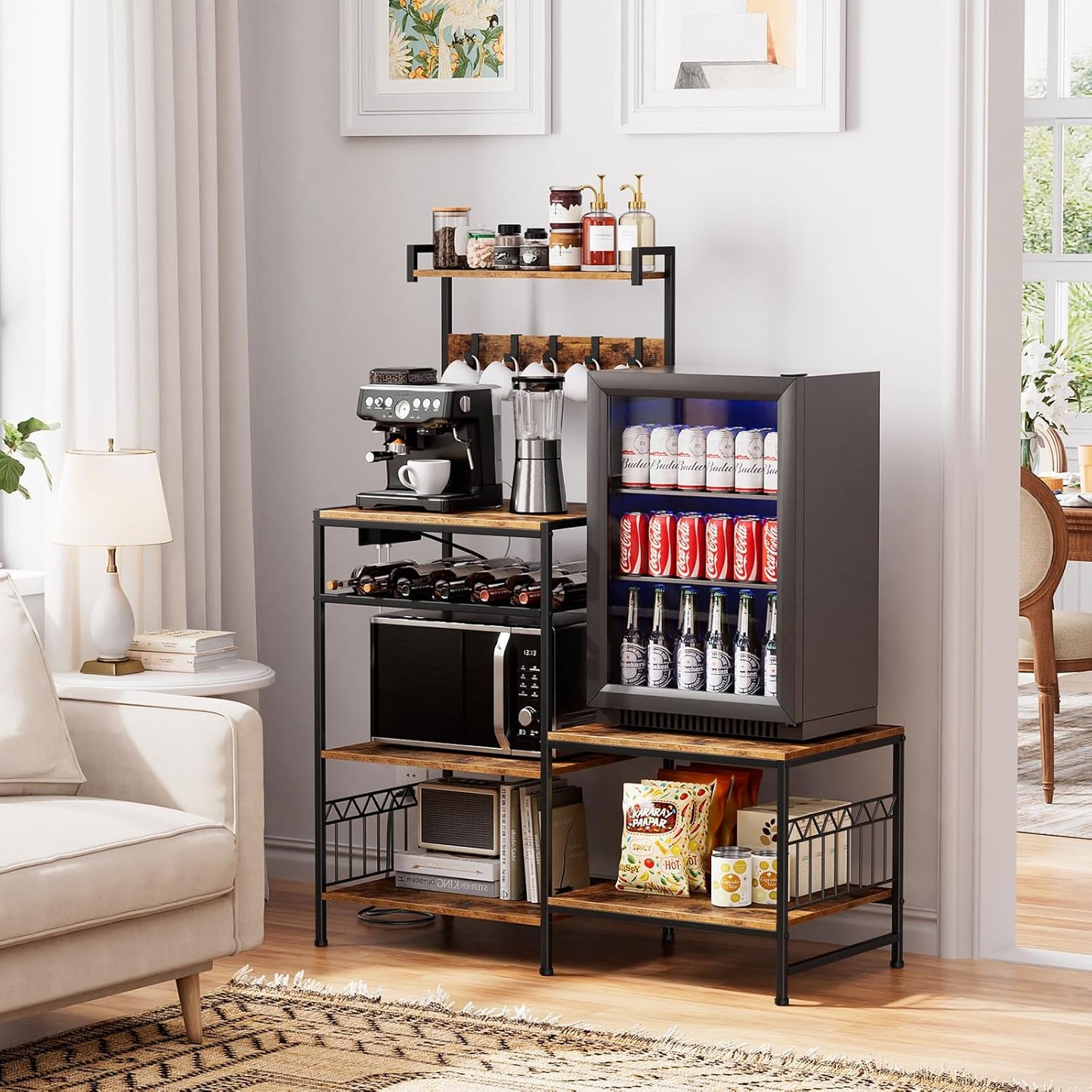 Portin Stand for Mini Fridge and Microwave Coffee Maker - Large Storage Capacity, with Power Outlet and S-Hooks, Kitchen Bakers Rack, Microwave Oven Stand, Coffee Bar(Woodgrain)