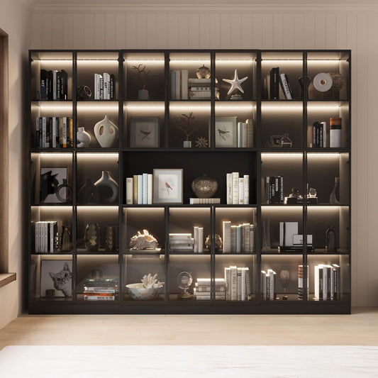 Bookcase with Glass Doors and Led Lights, Combination Display Cabinet with 19 Shelves, Modern Glass Display Case Set of 3, Black