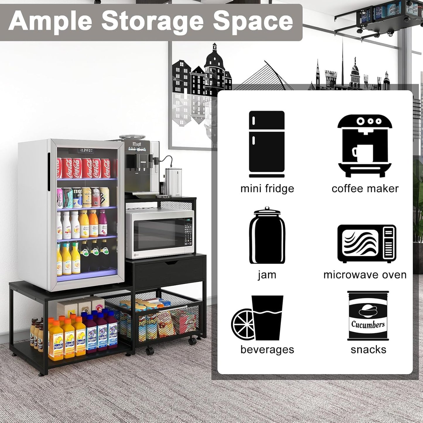 PUNCIA Mini Fridge Stand with Storage, Coffee Bar Cabinet with Power Outlet and Drawer — Beverage Refrigerator Table, Microwave Oven Stand with Rolling Basket for Home, Dorm, Apartment, Office