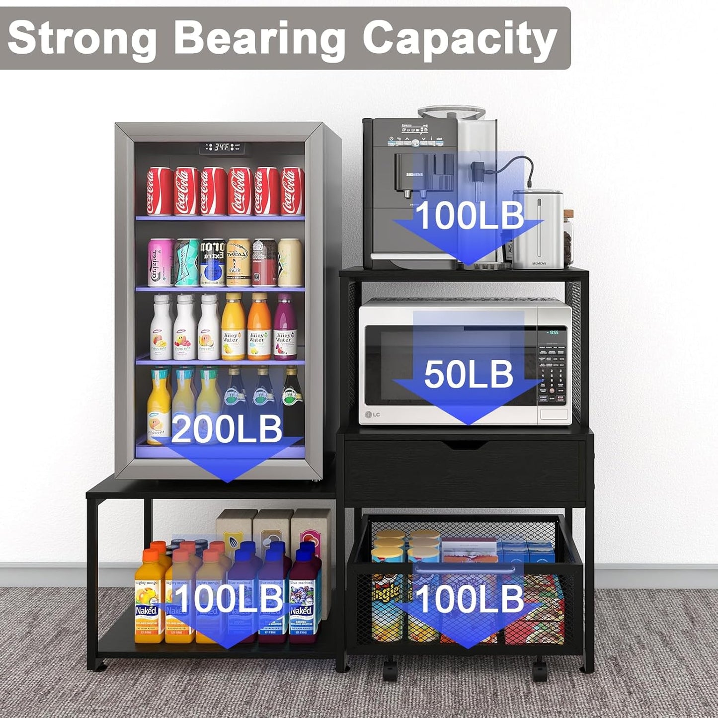 PUNCIA Mini Fridge Stand with Storage, Coffee Bar Cabinet with Power Outlet and Drawer — Beverage Refrigerator Table, Microwave Oven Stand with Rolling Basket for Home, Dorm, Apartment, Office