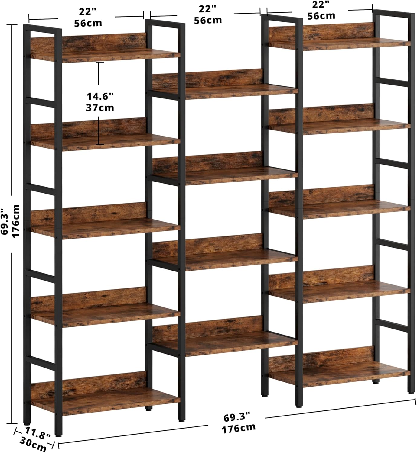 IRONCK Bookcases and Bookshelves Triple Wide 5 Tiers Industrial Bookshelf with Baffles Large Etagere Bookshelf with Metal Frame for Living Room Home Office
