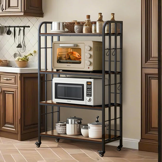 Microwave Stand with Storage,4 Tiers Microwave Cart,Adjustable Bakers Rack with Power Outlet,Kitchen Baker's Rack with Industrial Wheels Suitable for Living Room,Dining Room,Brown, 37.4*15.7*57.9