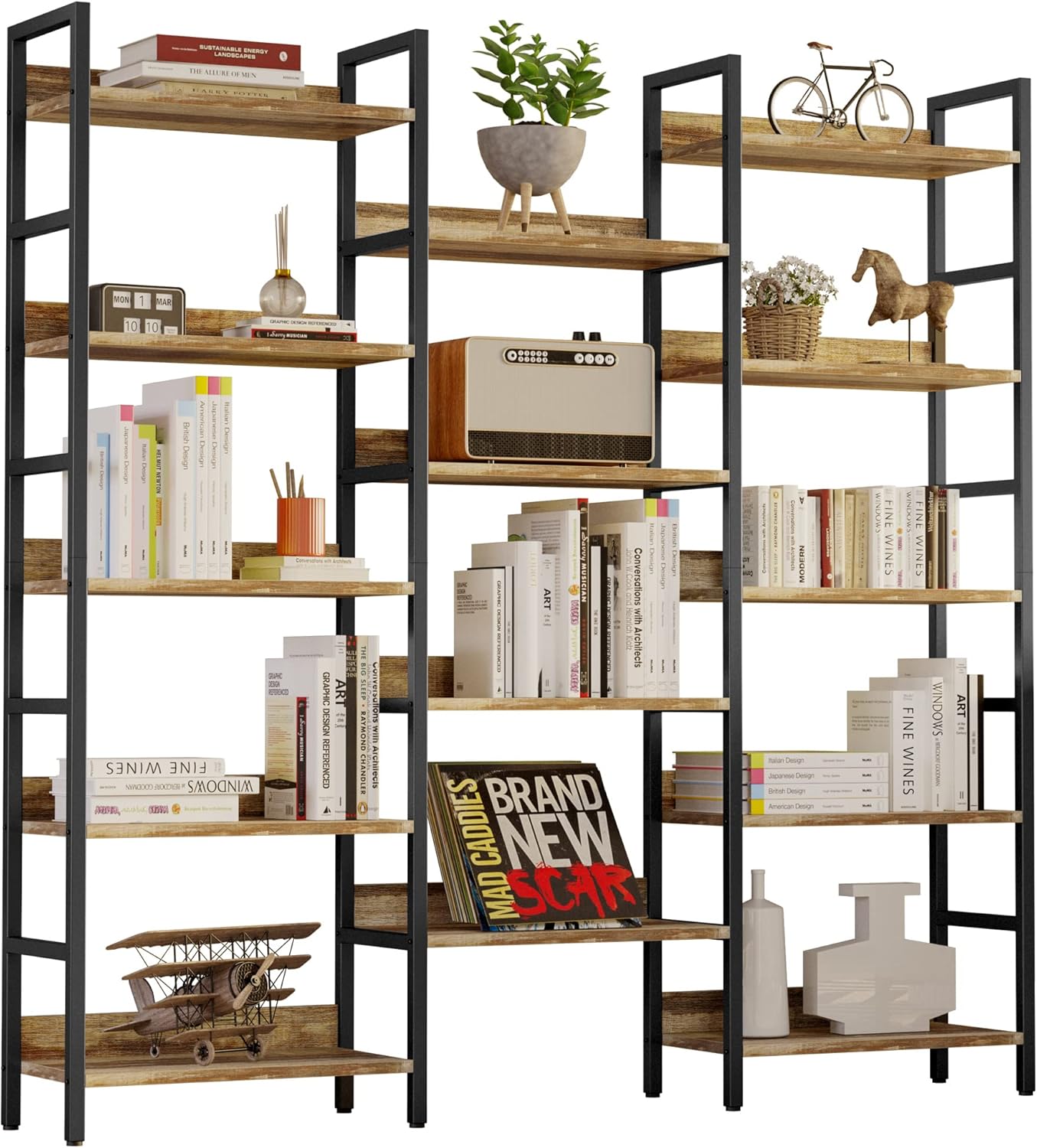 IRONCK Bookcases and Bookshelves Triple Wide 5 Tiers Industrial Bookshelf with Baffles Large Etagere Bookshelf with Metal Frame for Living Room Home Office