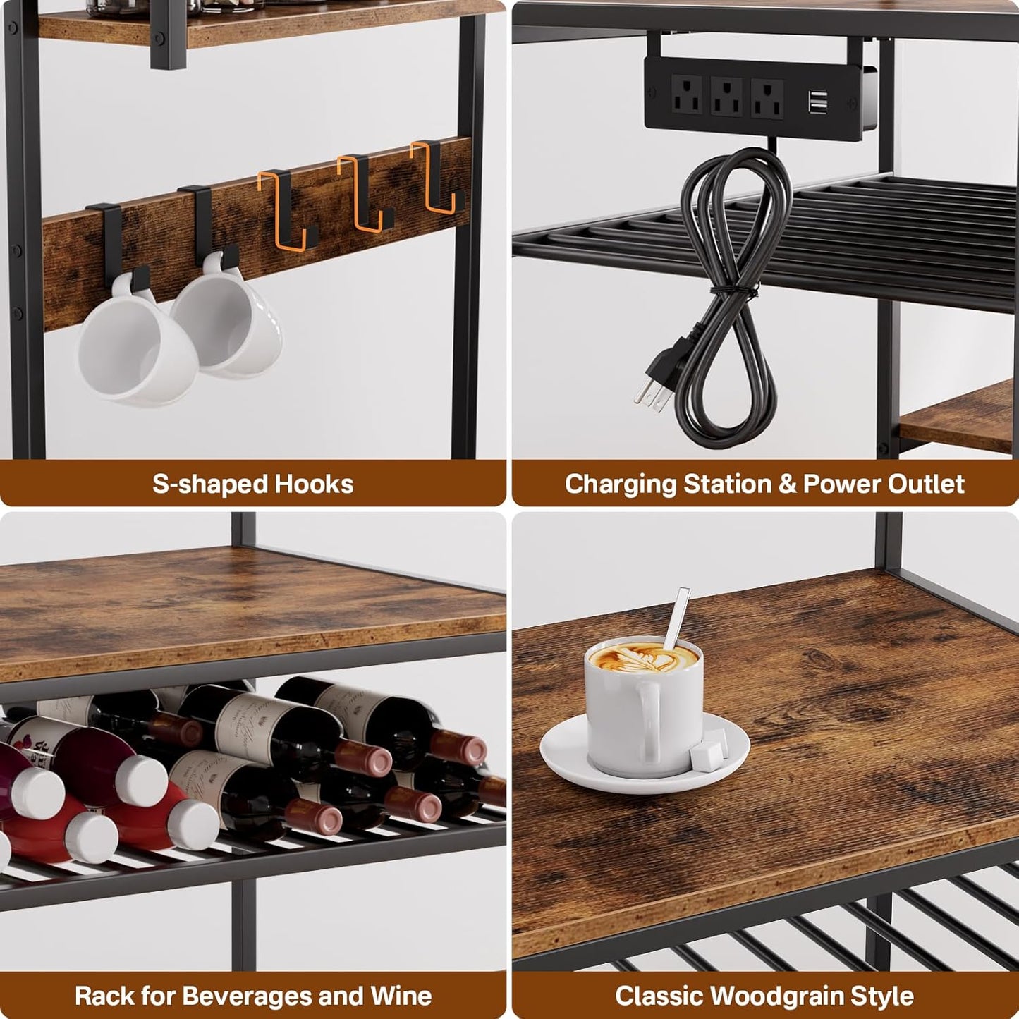 Portin Stand for Mini Fridge and Microwave Coffee Maker - Large Storage Capacity, with Power Outlet and S-Hooks, Kitchen Bakers Rack, Microwave Oven Stand, Coffee Bar(Woodgrain)