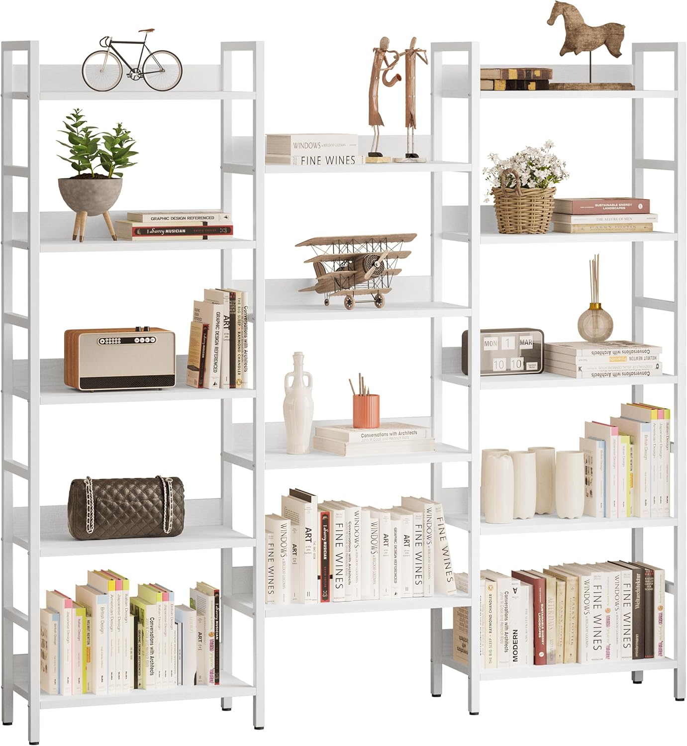 IRONCK Bookcases and Bookshelves Triple Wide 5 Tiers Industrial Bookshelf with Baffles Large Etagere Bookshelf with Metal Frame for Living Room Home Office