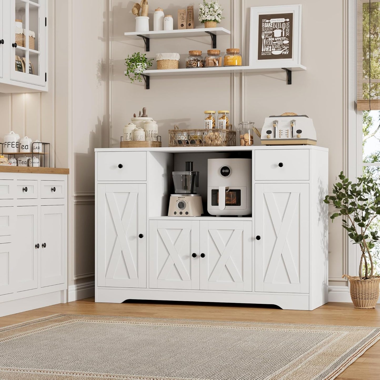 HOSTACK Microwave Cabinet with Charging Station, 47" W Kitchen Storage Cabinet with Microwave Stand, Modern Farmhouse Buffet Sideboard with Drawers and Shelves for Kitchen, Dining Room, White