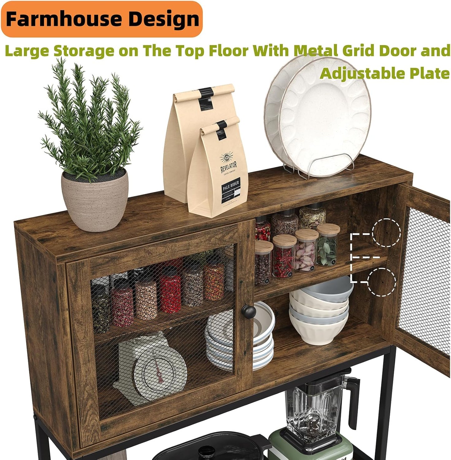 Furniouse 6-Tier Kitchen Bakers Rack with Power Outlet, Industrial Microwave Oven Stand with Shelves, Kitchen Utility Storage Shelf with Cabinet, Standing Storage Rack (Rustic Brown)