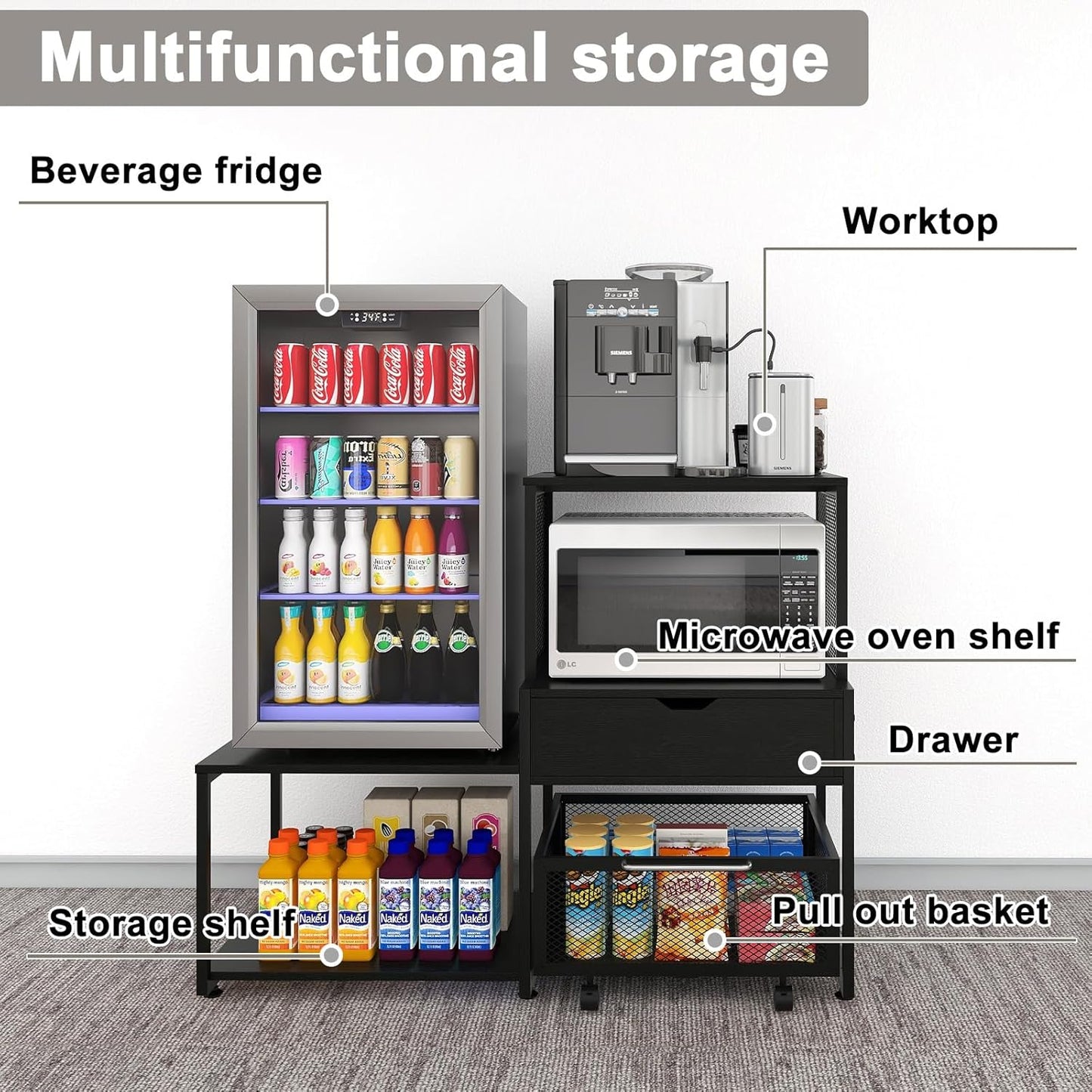 PUNCIA Mini Fridge Stand with Storage, Coffee Bar Cabinet with Power Outlet and Drawer — Beverage Refrigerator Table, Microwave Oven Stand with Rolling Basket for Home, Dorm, Apartment, Office