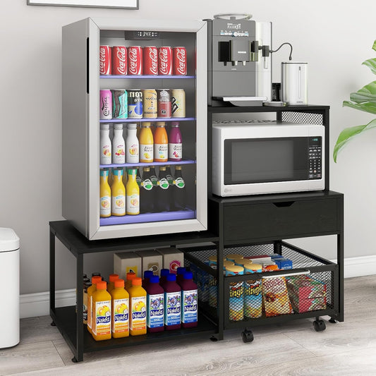 PUNCIA Mini Fridge Stand with Storage, Coffee Bar Cabinet with Power Outlet and Drawer — Beverage Refrigerator Table, Microwave Oven Stand with Rolling Basket for Home, Dorm, Apartment, Office