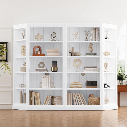 83.4" Tall Two Wood Bookcase with Two Corner Shelf Suite,5 Tier Home Decor Bookshelves Suite with Adjustable Storage Shelves,Free Standing Storage Shelves Suite for Living Room,Home Office,White