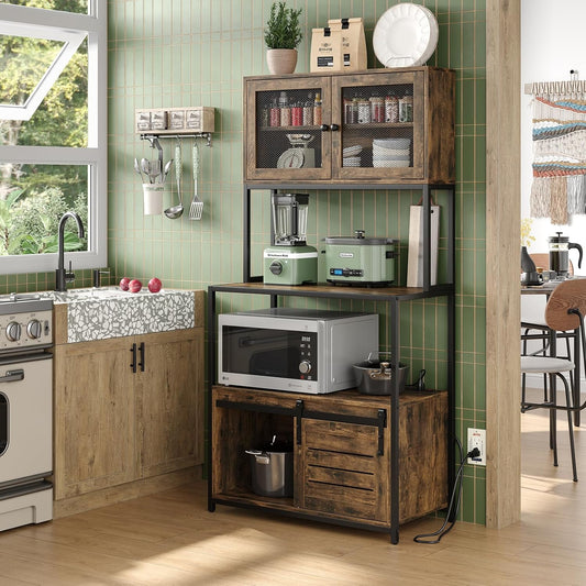 Furniouse 6-Tier Kitchen Bakers Rack with Power Outlet, Industrial Microwave Oven Stand with Shelves, Kitchen Utility Storage Shelf with Cabinet, Standing Storage Rack (Rustic Brown)