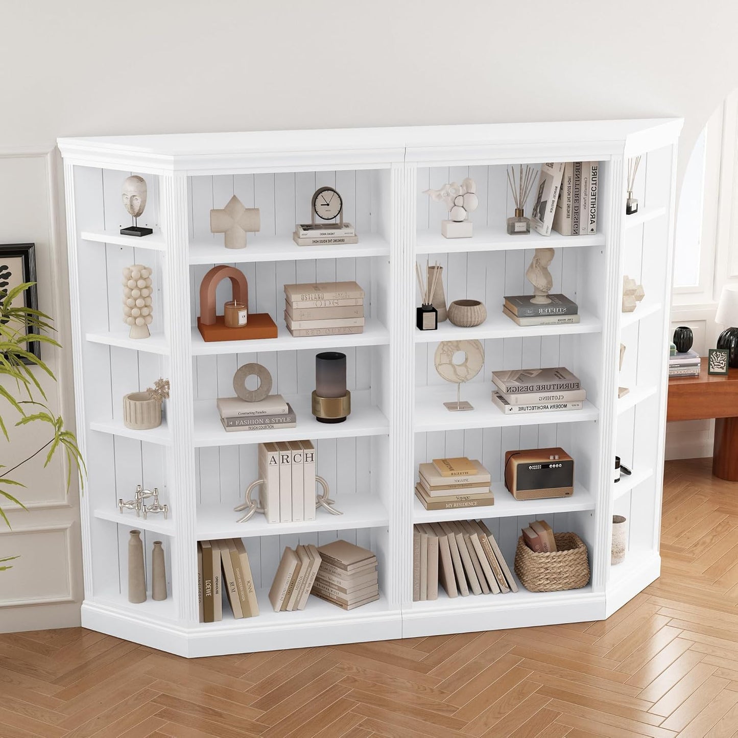 83.4" Tall Two Wood Bookcase with Two Corner Shelf Suite,5 Tier Home Decor Bookshelves Suite with Adjustable Storage Shelves,Free Standing Storage Shelves Suite for Living Room,Home Office,White