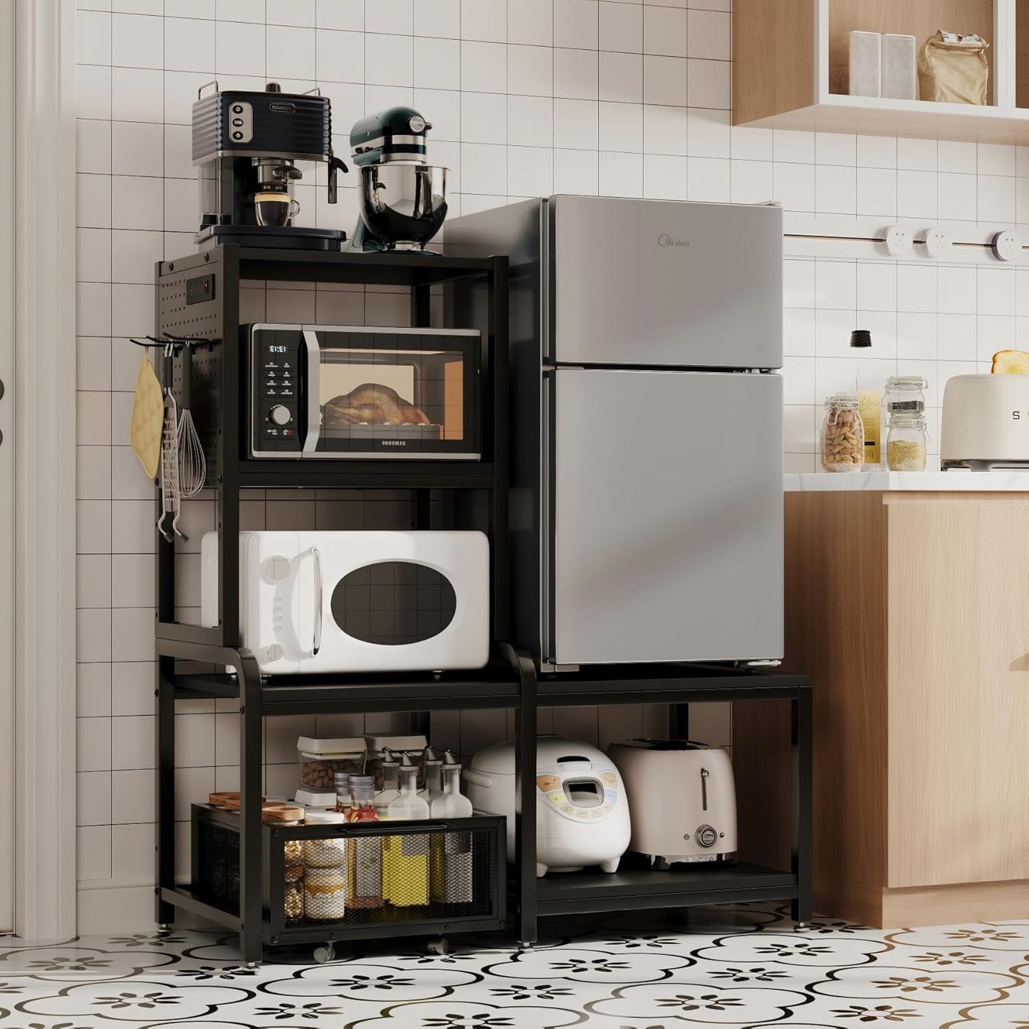 Mini Fridge Stand with Storage,Mini Fridge Cabinet,Bakers Rack with Power Outlet ,Coffee Bar Cabinet,Microwave Oven Stand Rack with Large Capacity Basket for Dorm Home Office(Black Wood Grain)