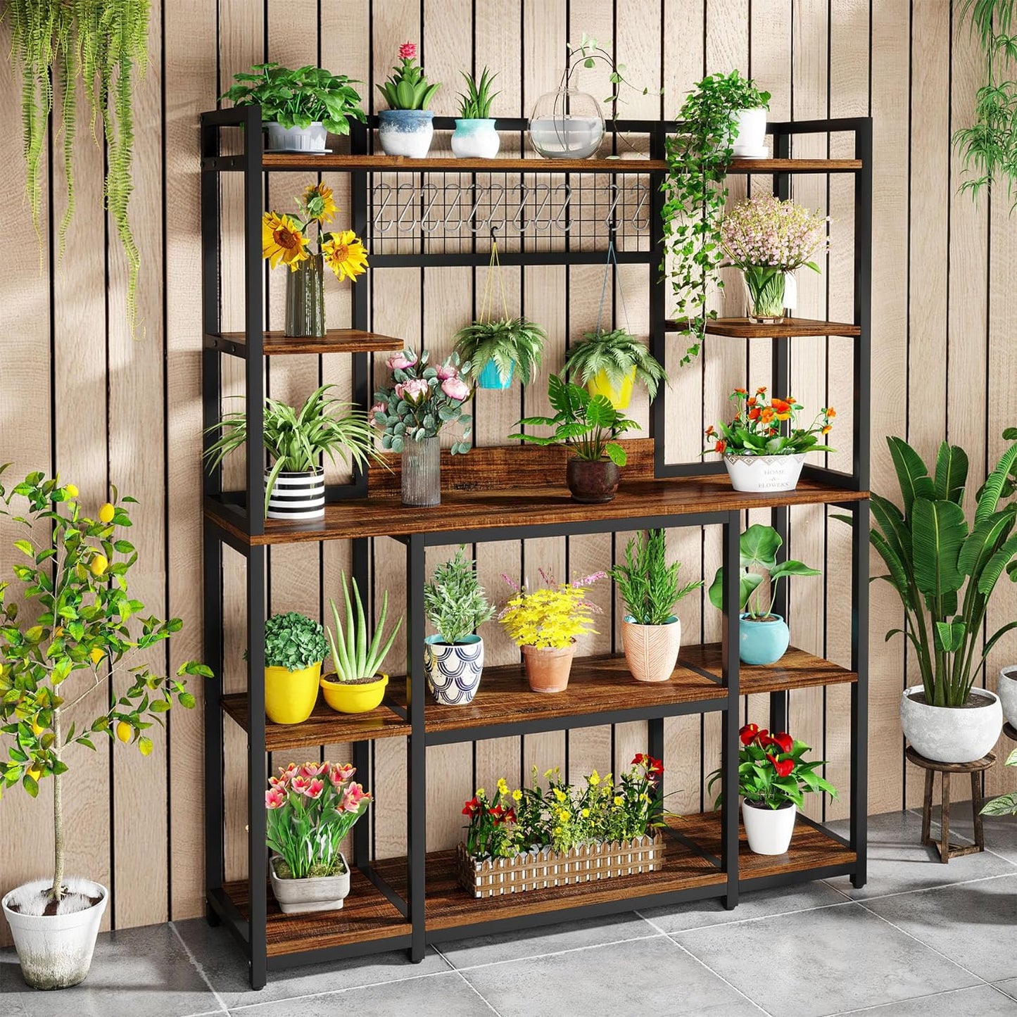 Tribesigns Large Bakers Rack, 55" Wide Kitchen Hutch Cabinet Microwave Stand with 11 Hooks, 5-Tier Baker’s Rack Kitchen Storage Shelf with Hutch, Rustic Brown