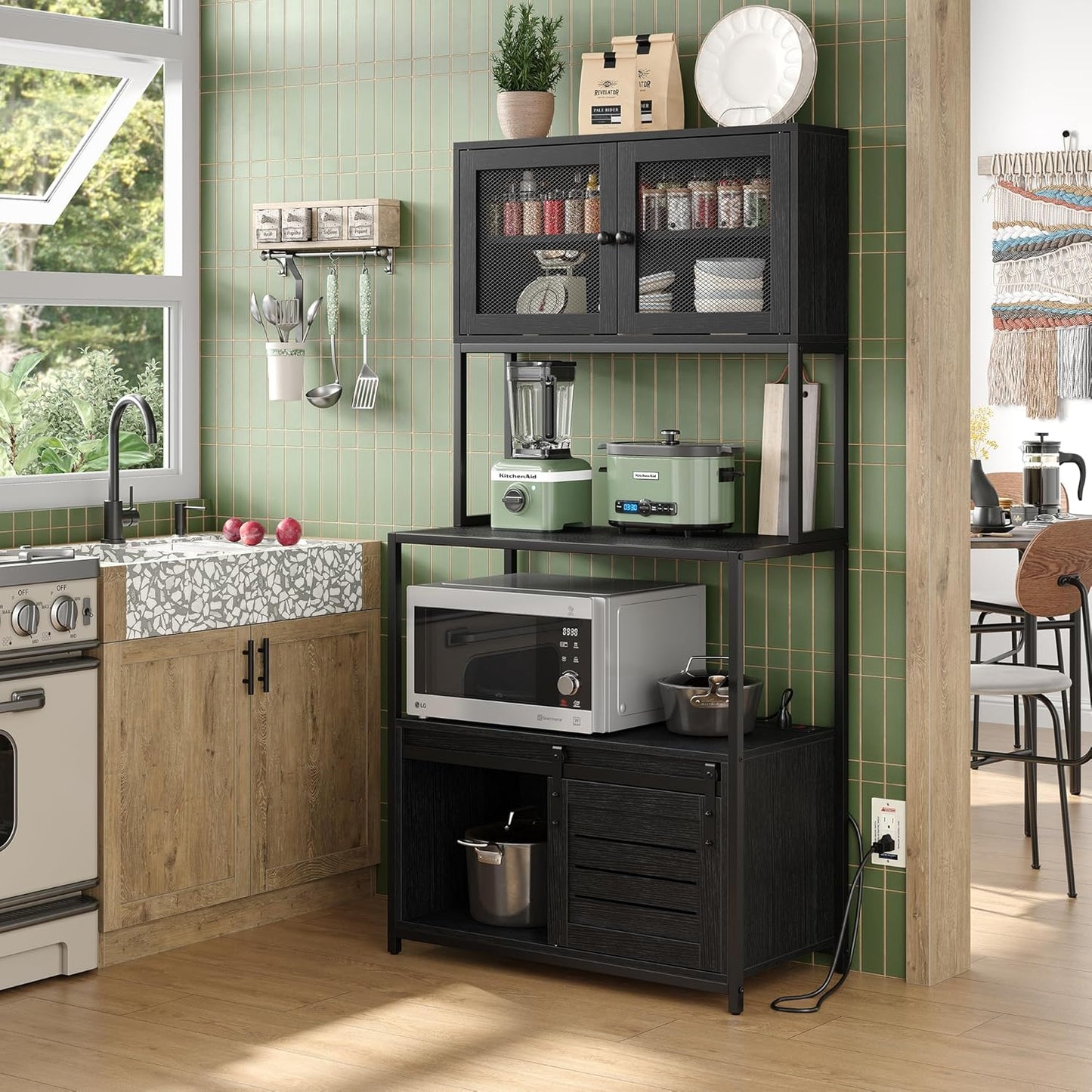 Furniouse 6-Tier Kitchen Bakers Rack with Power Outlet, Industrial Microwave Oven Stand with Shelves, Kitchen Utility Storage Shelf with Cabinet, Standing Storage Rack (Rustic Brown)