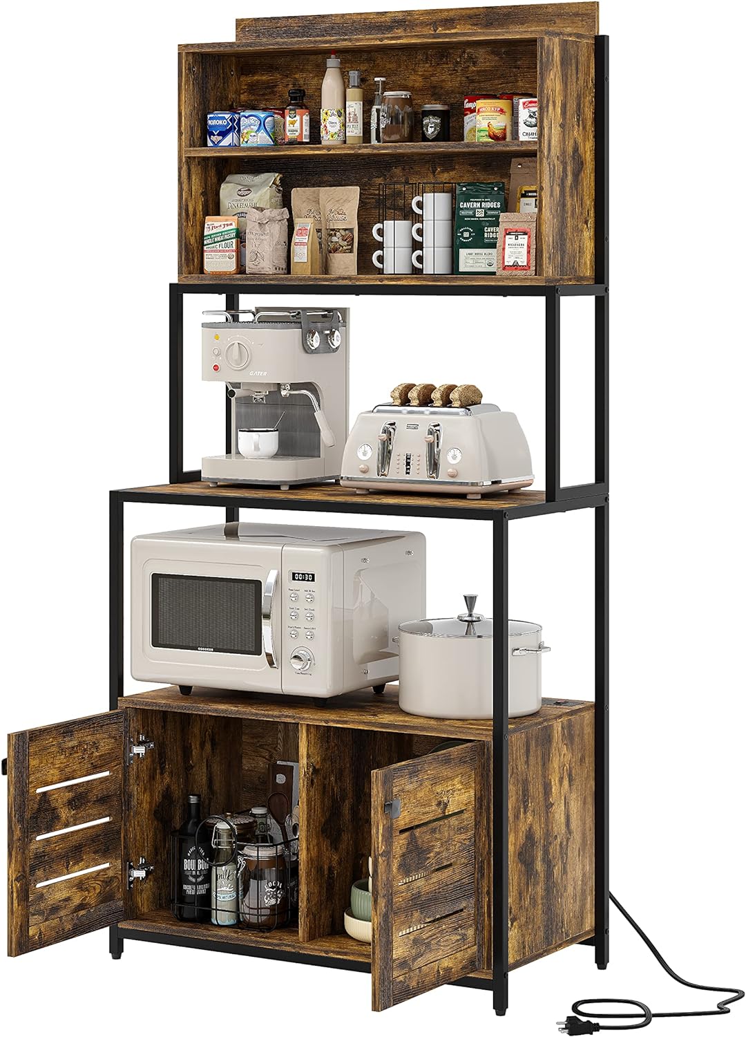 Furniouse 6-Tier Kitchen Bakers Rack with Power Outlet, Industrial Microwave Oven Stand with Shelves, Kitchen Utility Storage Shelf with Cabinet, Standing Storage Rack (Rustic Brown)